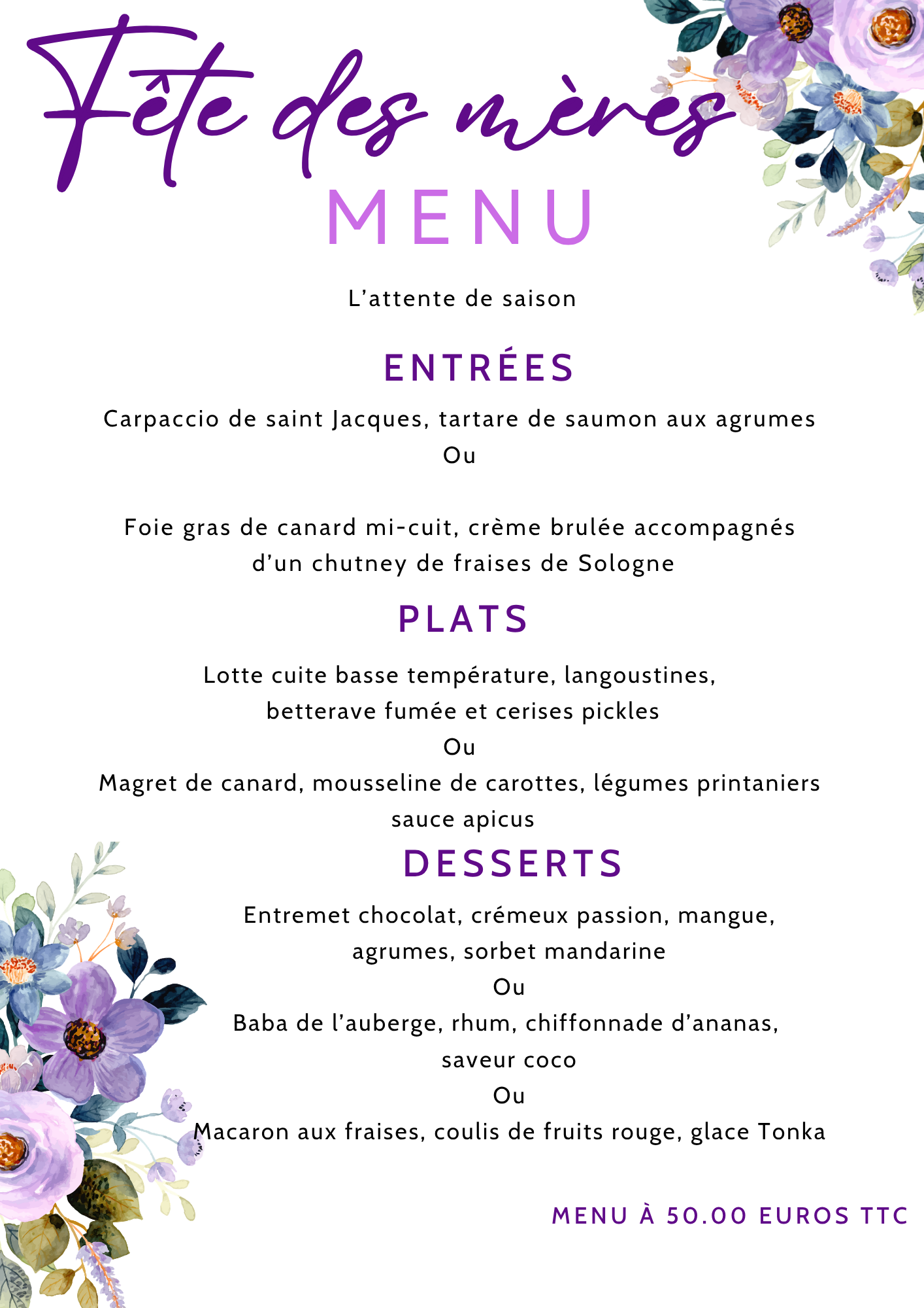 MENU FETES DES MERES